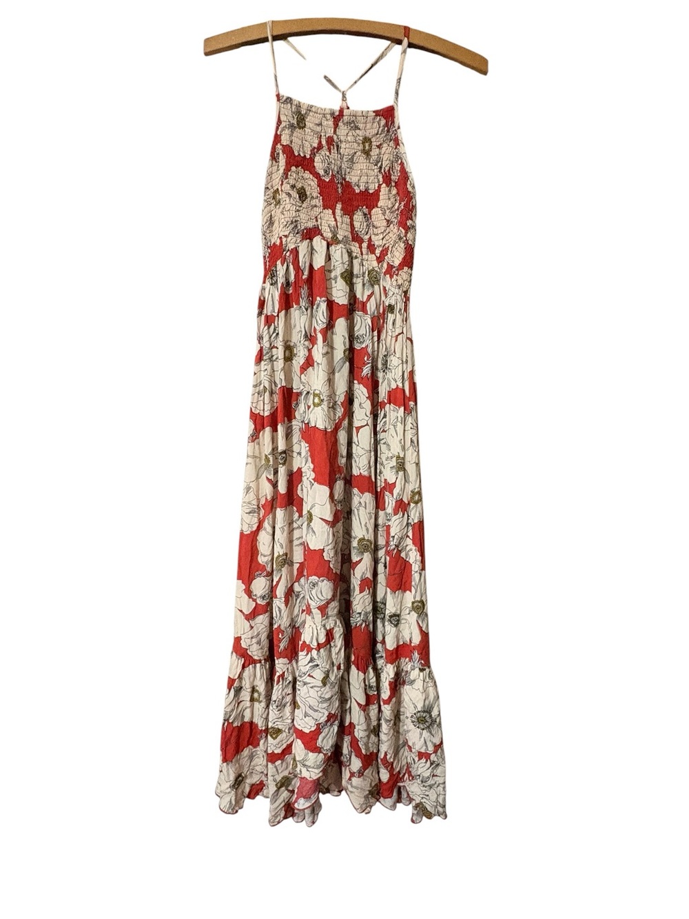 Free People Heat Wave Floral Smocked Maxi Dress Coral Red S